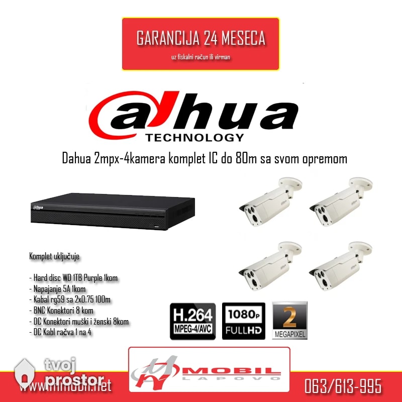 Dahua 2mpx-4kamera komplet IC do 80m sa svom opremom — video nadzor i alarmi, MM Mobile Lapovo, Lapovo